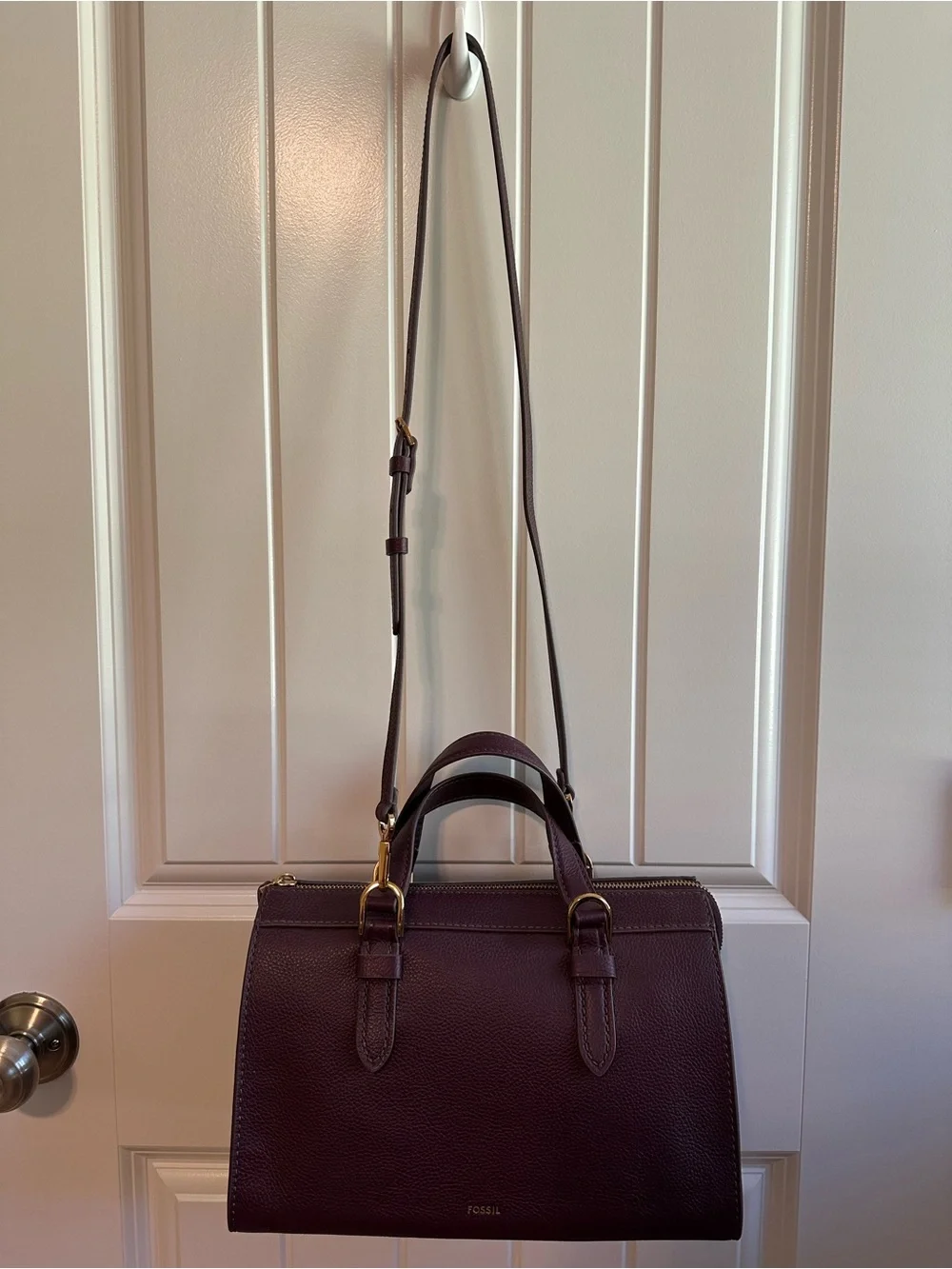 Fossil Women's Burgundy Pebbled Leather Satchel with Brass tone hardware